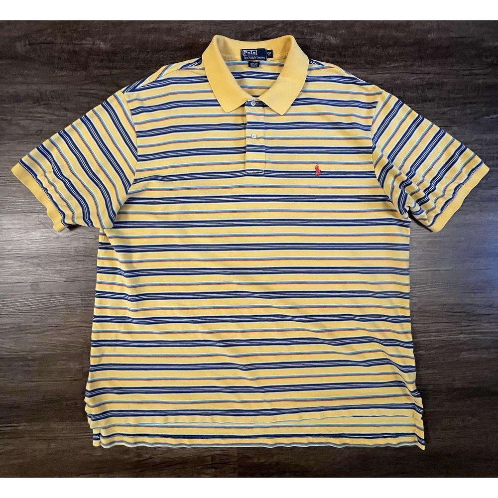 Polo Ralph Lauren Mens 2XB Yellow Blue Striped Cotton Pique Polo Shirt Big A25